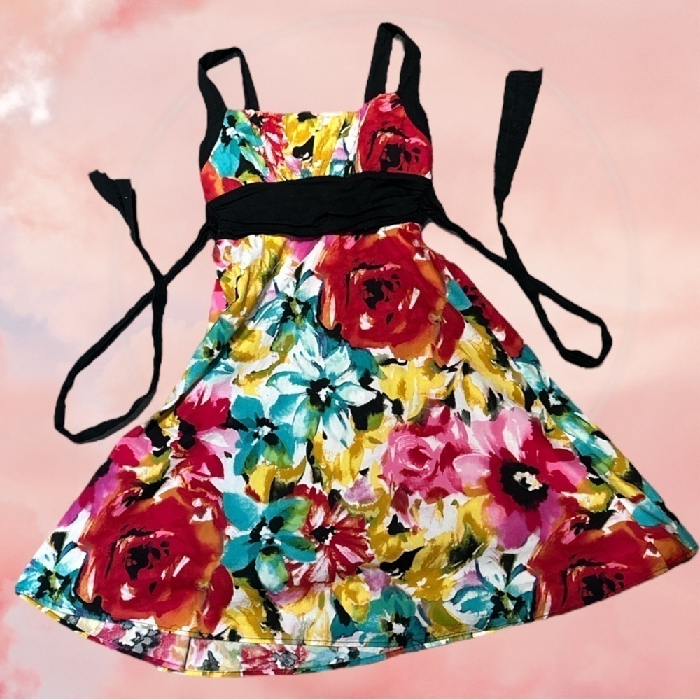 B Smart XS Floral Paint Dress Fit n Flare Tie Waist Wmn Colorful Prom Sleeveless